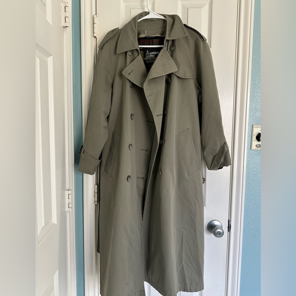 Vintage London Fog Khaki Double Breasted Trench Coat Size 12 Petite Plaid Lined